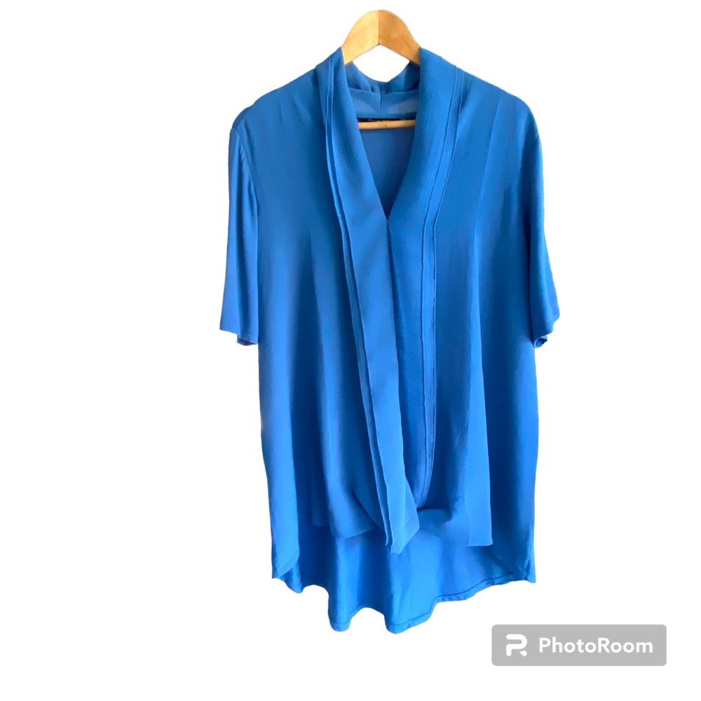 H by Halston Women's Blue Pleated 1/2 Sleeve V Neck Tunic Top Shirt Size1X